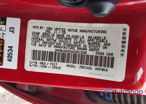 2010 Toyota Corolla S z USA, uszkodzony, nr VIN 1NXBU4EE0AZ291338